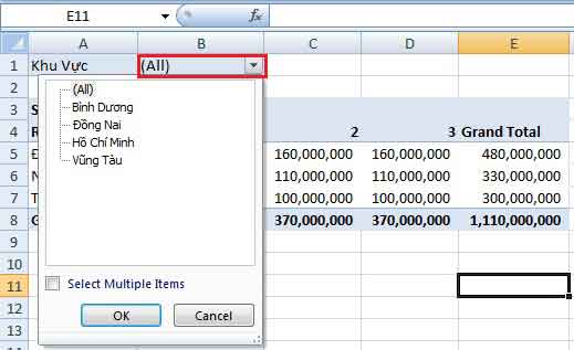 Sử dụng pivottable