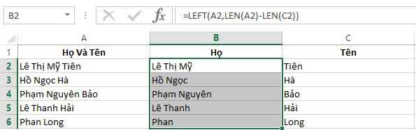 tách họ và tên trong excel 4