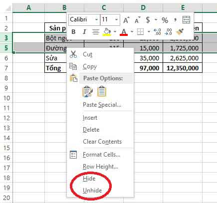 thao tac excel co ban an hien dong cot