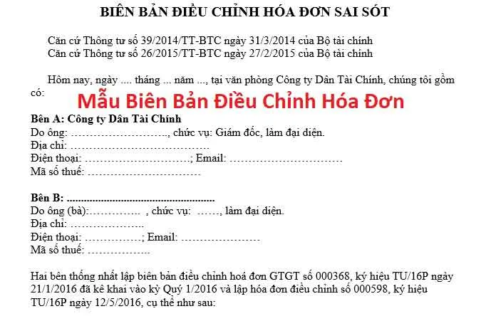 Mẫu biên bản điều chỉnh hóa đơn điện tử mới nhất 2023 TT 39