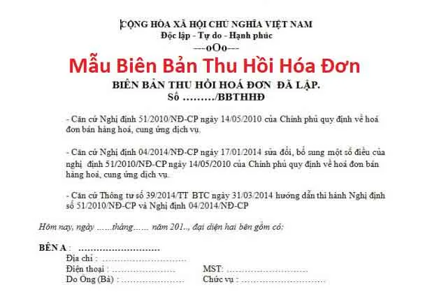 Mẫu biên bản thu hồi hóa đơn điện tử mới nhất