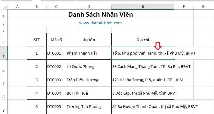 xuống dòng trong excel