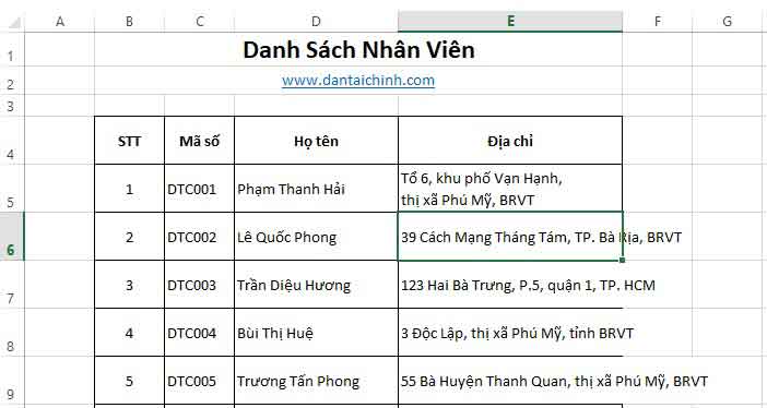 xuống dòng trong excel