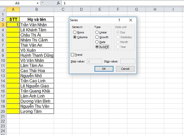 cách đánh số thứ tự tự nhảy trong excel