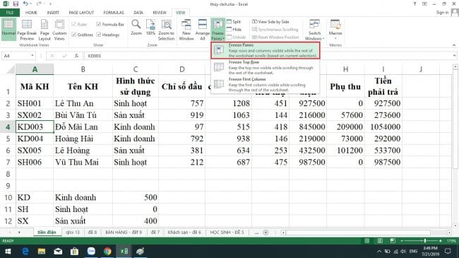 Cố định dòng trong Excel
