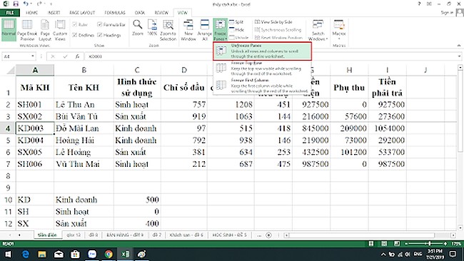 cố định dòng trong Excel