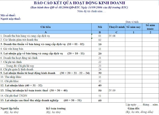 báo cáo kết quả kinh doanh