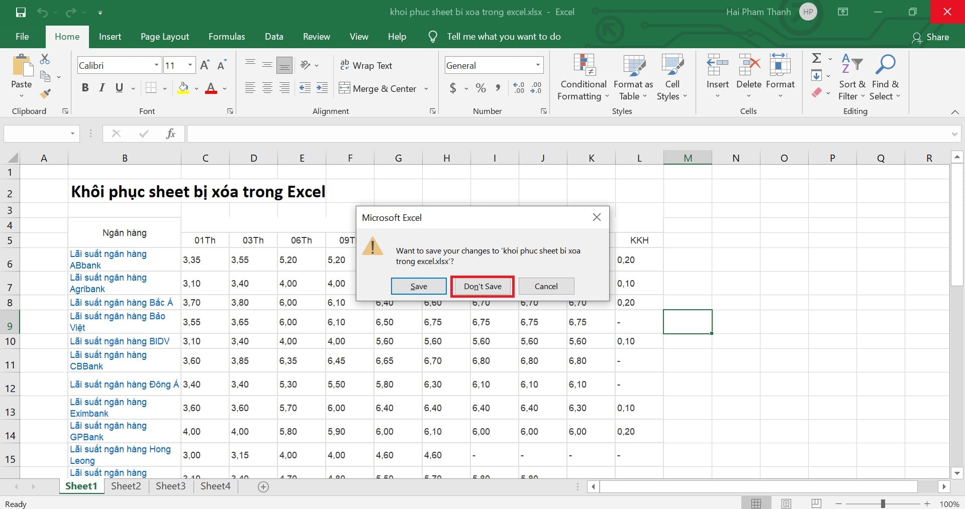 Khôi phục sheet bị xóa trong Excel