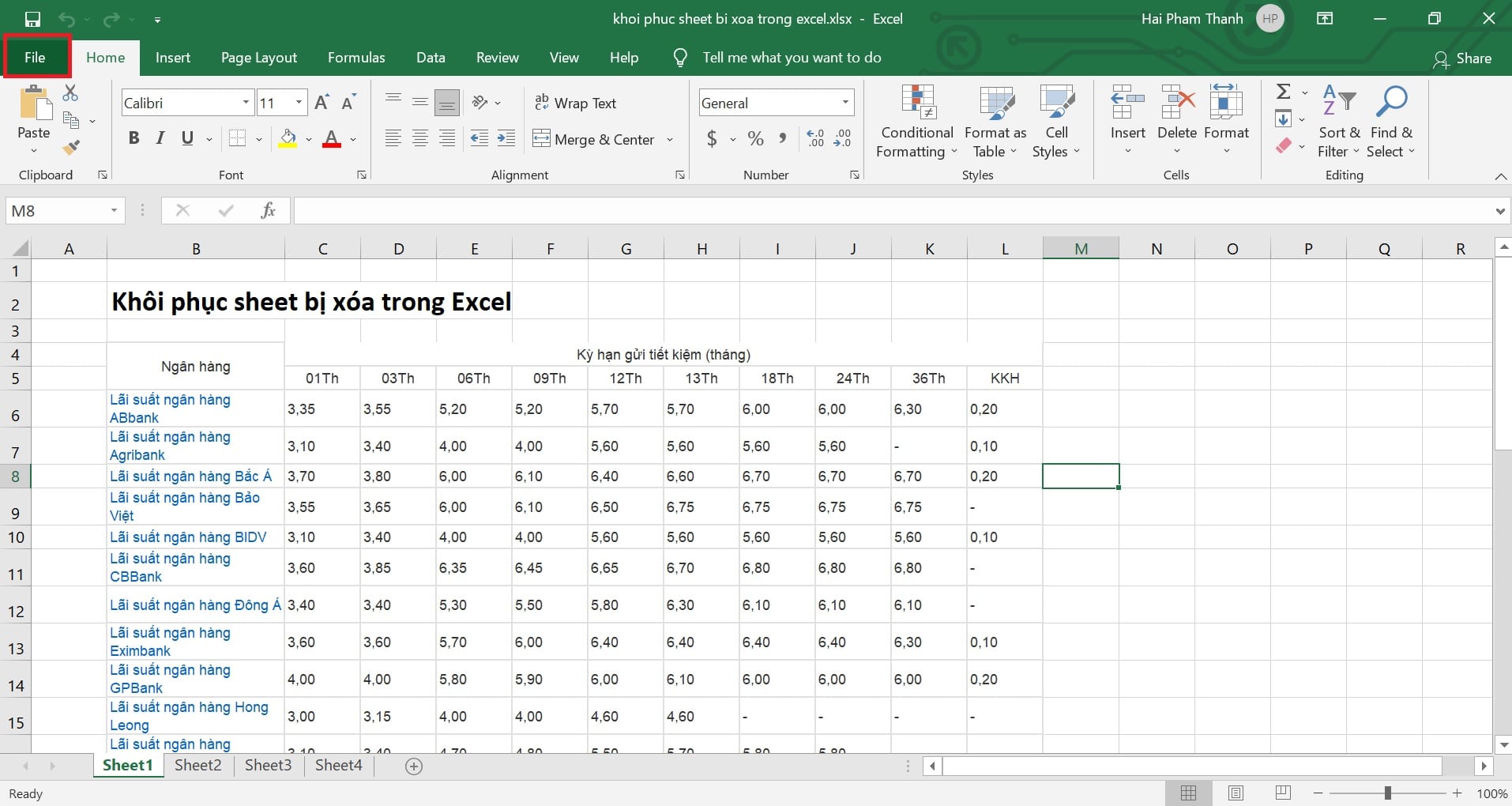 Khôi phục sheet bị xóa trong Excel