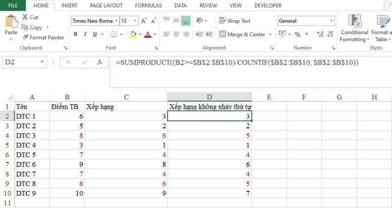 Cách sử dụng hàm RANK trong Excel để xếp hạng cực nhanh chóng