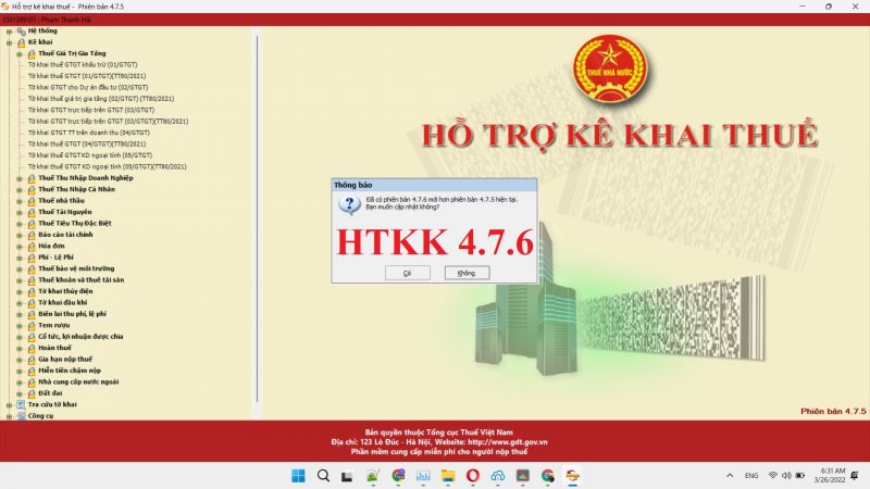 HTKK 4.7.6 ngày 25/03/2022 nâng cấp 05/QTT-TNCN 02/TAIN